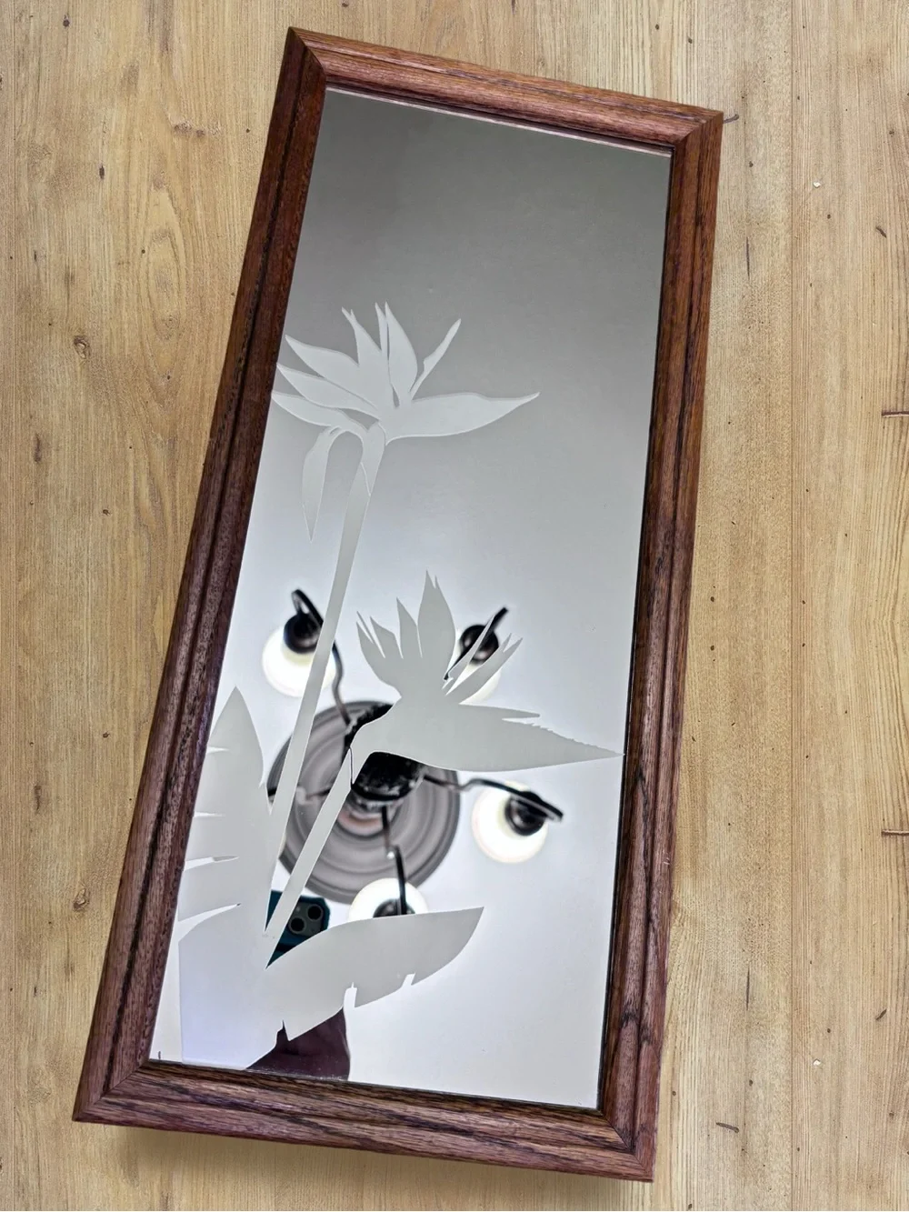2 Vintage MCM 80s Frosted Etched Glass Mirror Wood Birds of Paradise 21